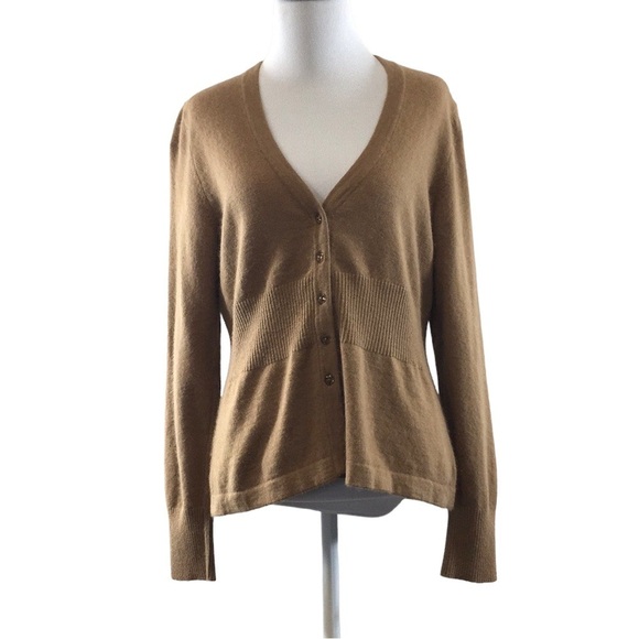 Julia Jones Tan Knit Angora Rabbit Hair Cardigan Sweater Womens Large V Neck - Picture 1 of 10